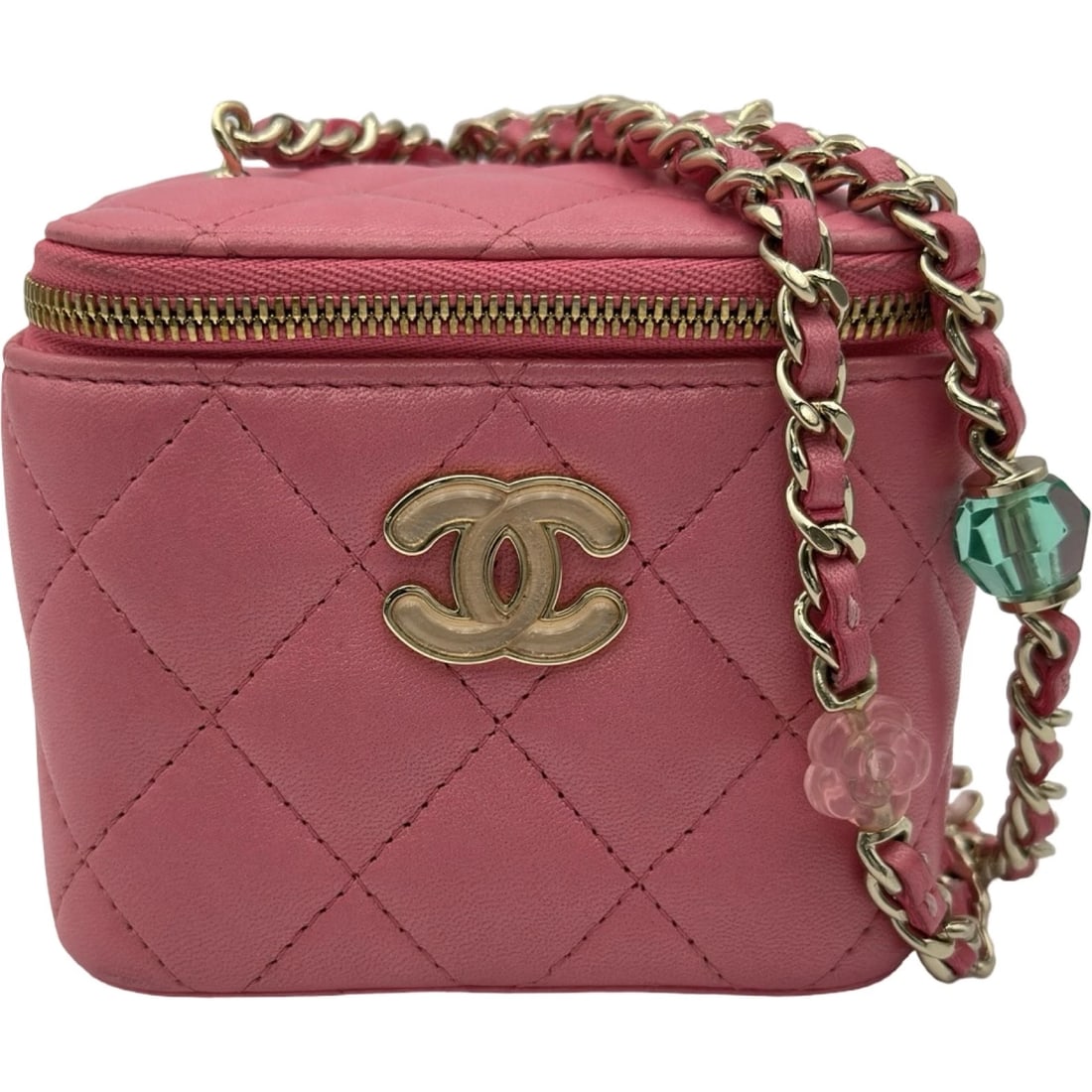 CHANEL MATELASSE MINI VANITY SHOULDER BAG: CHANEL Matelasse Mini Vanity Shoulder Bag Brand: CHANEL Type/Style: Shoulder Bag Material: lambskin Color: Pink Gold Hardware Size: W3.9 x H3.5x D2.8inch Accessories: None Accessories Noti