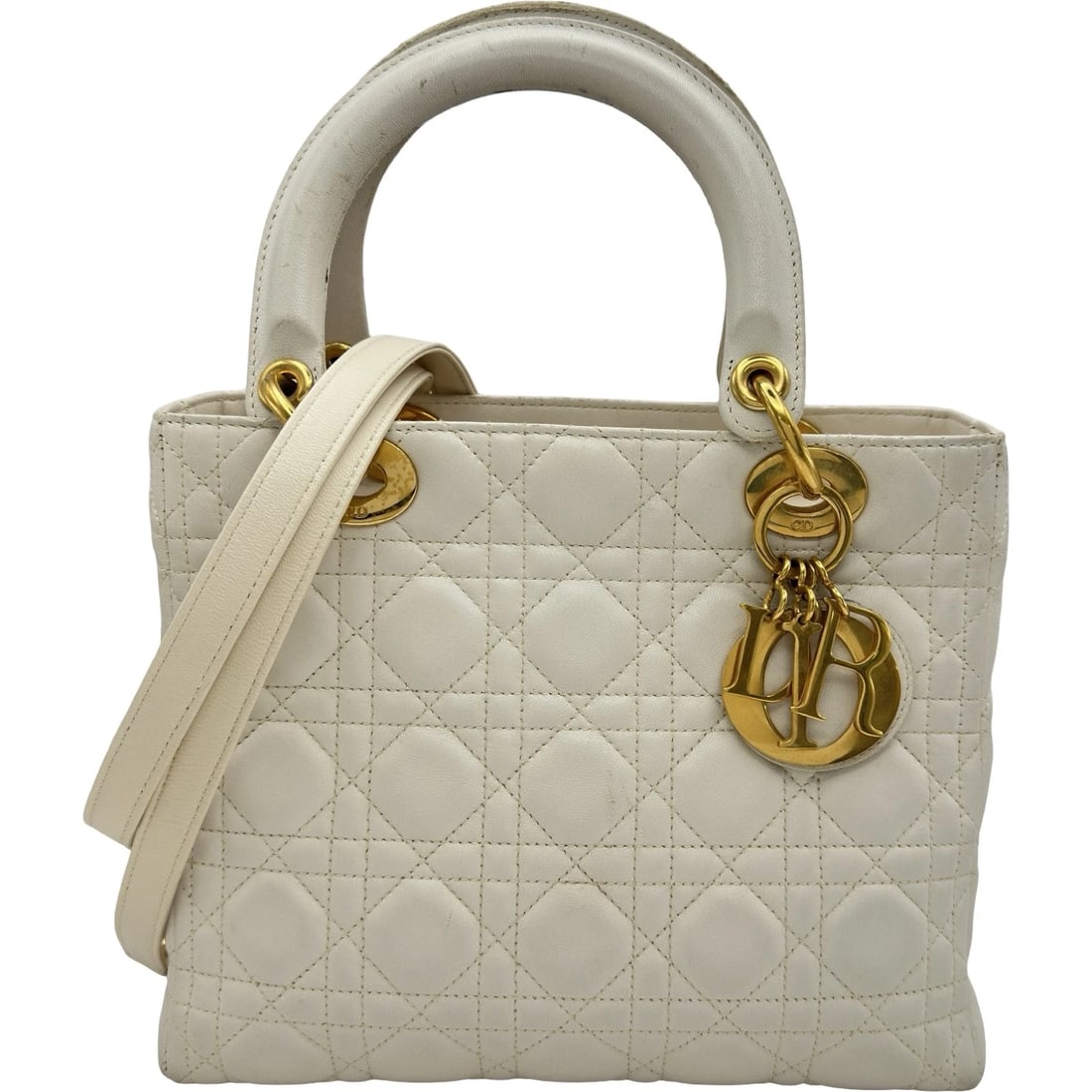 CHRISTIAN DIOR LADY DIOR HANDBAG: Christian Dior Lady Dior Handbag Brand: Christian Dior Type/Style: Handbag Material: lambskin Color: Ivory-colored gold hardware Size: W9.4 x H7.9x D4.7inch Accessories: None Accessories N