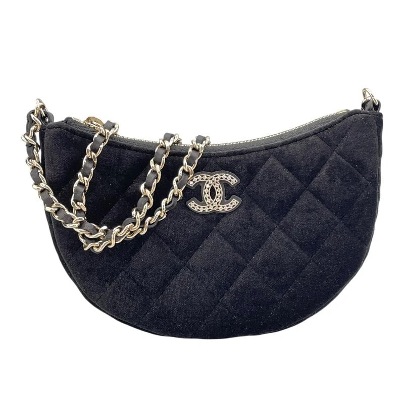 CHANEL GIFT MATELASSE HALF MOON CHAIN SHOULDER BAG: CHANEL Gift Matelasse Half Moon Chain Shoulder Bag Brand: CHANEL Type/Style: Shoulder Bag Material: Velor Color: Black GD Hardware Size: W6.7 x H3.9x D1.2inch Accessories: None Accessories Notice: