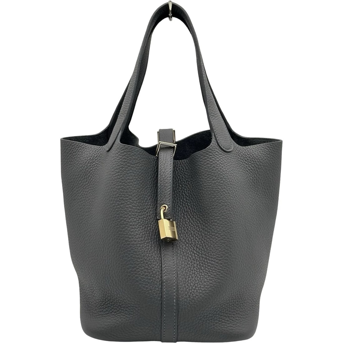 HERMES PICO TAN LOCK MM HANDBAG: HERMES Pico Tan Lock MM Handbag Brand: HERMES Type/Style: Handbag Material: Taurillon Clemence Color: Grimist GoldHardware Size: W8.7 x H8.3x D7.1inch Accessories: None Accessories Notice: