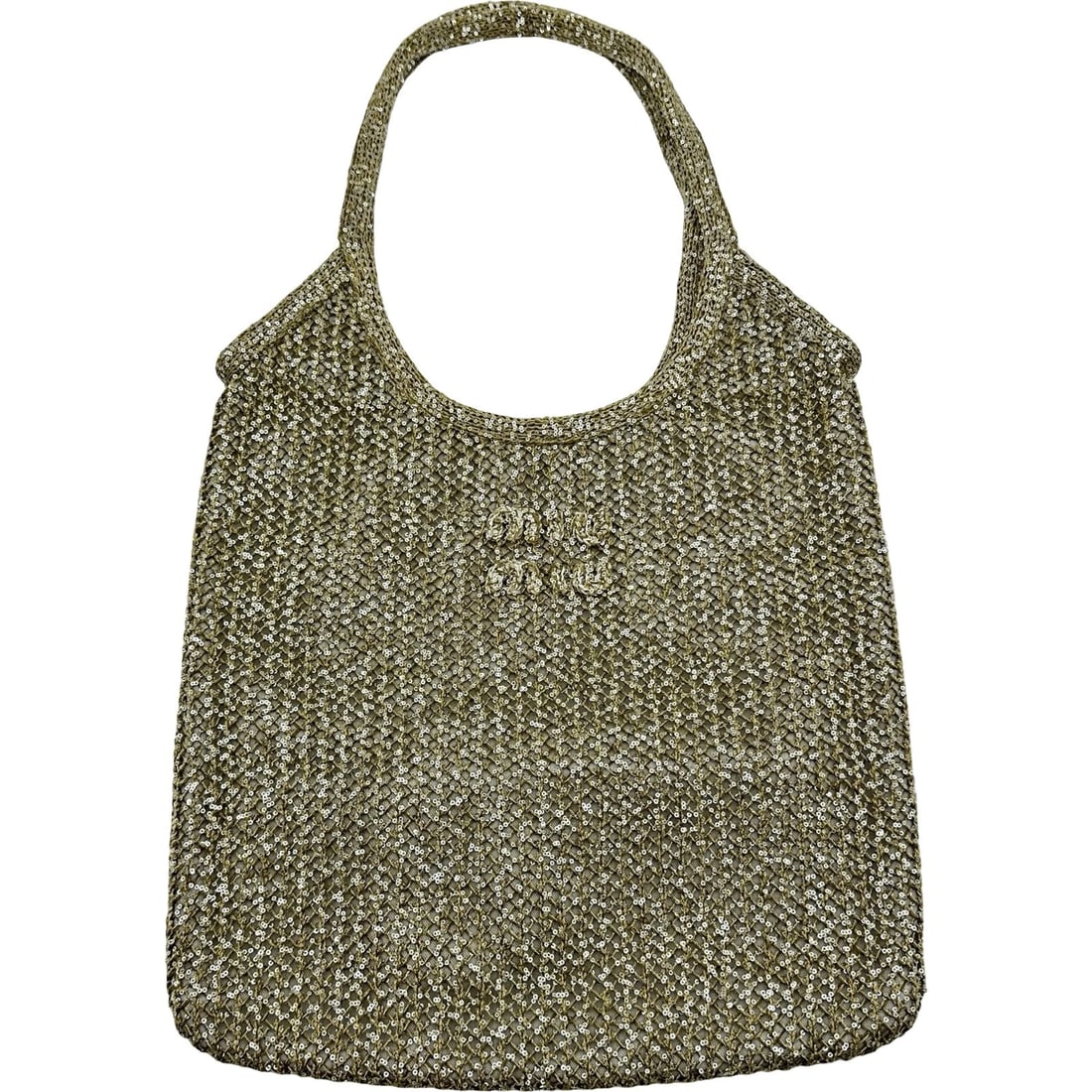 MIU MIU SEQUIN MESH BAG TOTE BAG: miu miu Sequin mesh bag Tote Bag Brand: miu miu Type/Style: Tote Bag Material: polyester Color: khaki Size: W13.0 x H15.7x D0.8inch Accessories: None Accessories Notice: When purchasing pr
