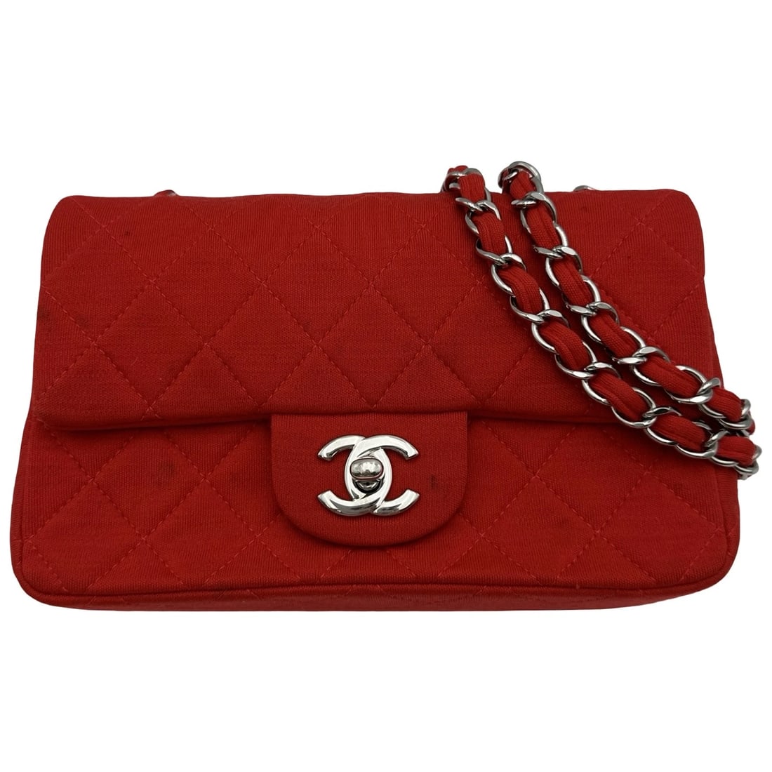 CHANEL MINI MATRASSE 20 1 SHOULDER BAG: CHANEL Mini Matrasse 20 1 Shoulder Bag Brand: CHANEL Type/Style: Shoulder Bag Material: Cotton jersey Color: Red SilverHardware Size: W7.9 x H4.7x D2.6inch Accessories: None Accessories No