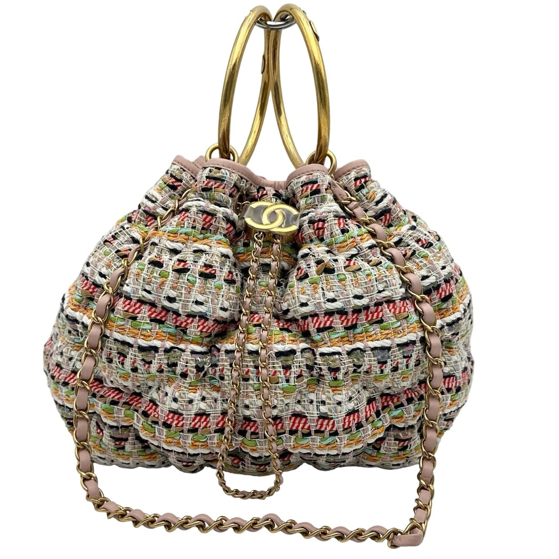 CHANEL BUCKET-SHAPED CHAIN SHOULDER BAG: CHANEL Bucket-shaped Chain Shoulder Bag Brand: CHANEL Type/Style: Shoulder Bag Material: tweed Color: Multicolor Gold Hardware Size: W8.9 x H8.3x D5.5inch Accessories: None Accessories Notice: When