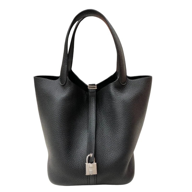 HERMES PICO TAN LOCK MM HANDBAG: HERMES Pico Tan Lock MM Handbag Brand: HERMES Type/Style: Handbag Material: Taurillon Clemence Color: Black SilverHardware Size: W8.7 x H7.9x D8.7inch Accessories: None Accessories Notice: When