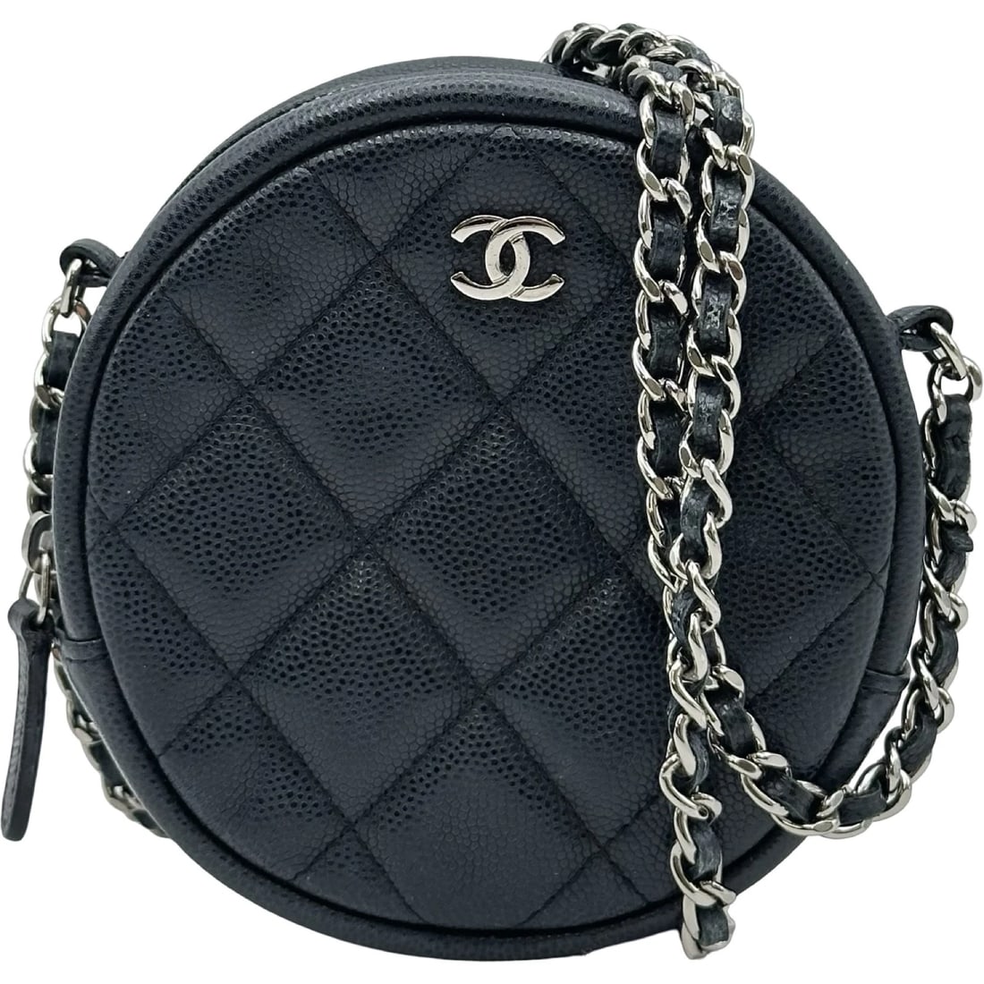 CHANEL MATELASSE ROUND CHAINSHOULDER SHOULDER BAG: CHANEL Matelasse Round ChainShoulder Shoulder Bag Brand: CHANEL Type/Style: Shoulder Bag Material: Caviar skin Color: Navy SilverHardware Size: W4.7 x H4.9x D1.6inch Accessories: None Acce