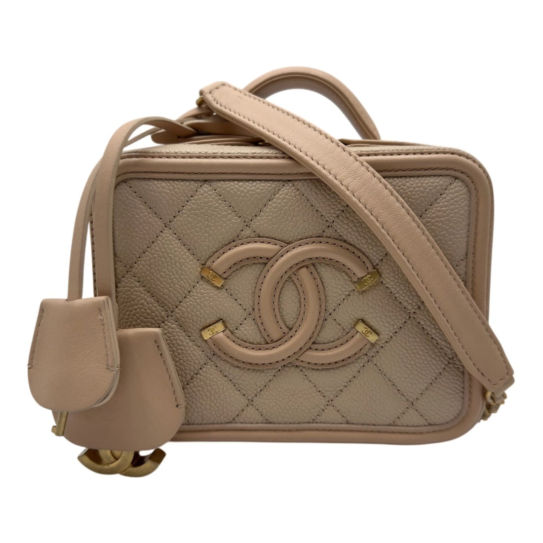 CHANEL CC FILIGREE SMALL VANITY BAG: CHANEL CC Filigree Small Vanity Bag Brand: CHANEL Type/Style: Shoulder Bag Material: Caviar skin Color: Beige Gold Hardware Size: W5.9 x H4.7x D2.8inch Accessories: None Accessories Notice