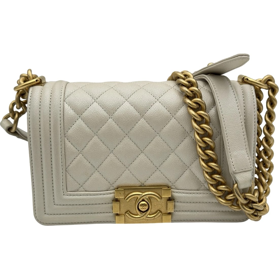CHANEL BOY CHANEL 20 SHOULDER BAG: CHANEL boy chanel 20 Shoulder Bag Brand: CHANEL Type/Style: Shoulder Bag Material: Caviar skin Color: White Gold Hardware Size: W7.9 x H4.7x D3.0inch Accessories: None Accessories Notice: