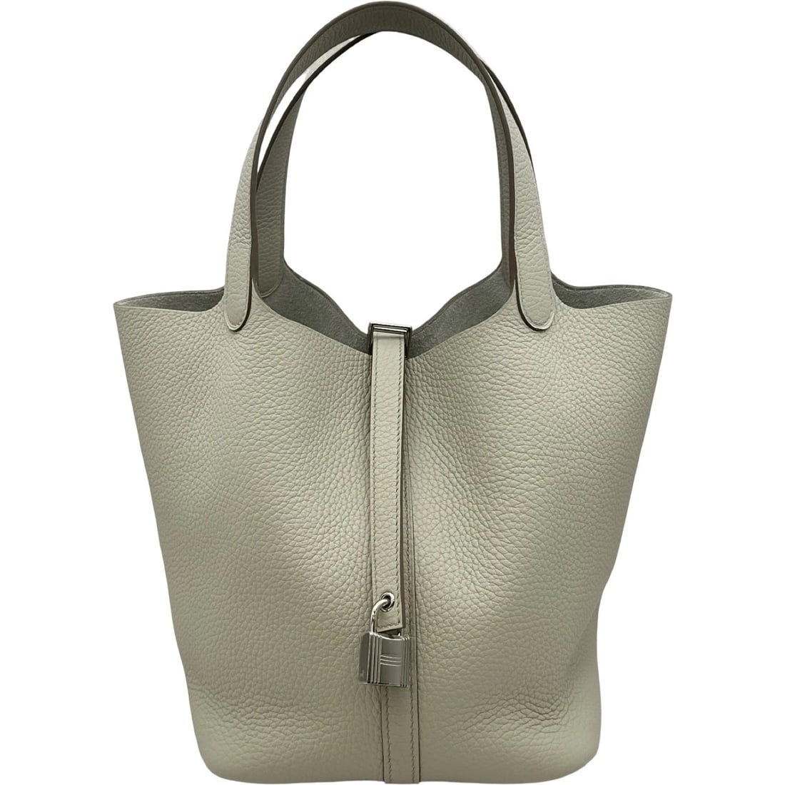 HERMES PICO TAN LOCK MM HANDBAG: HERMES Pico Tan Lock MM Handbag Brand: HERMES Type/Style: Handbag Material: Togo Color: Kure SilverHardware Size: W10.2 x H8.3x D6.7inch Accessories: None Accessories Notice: When purchasi