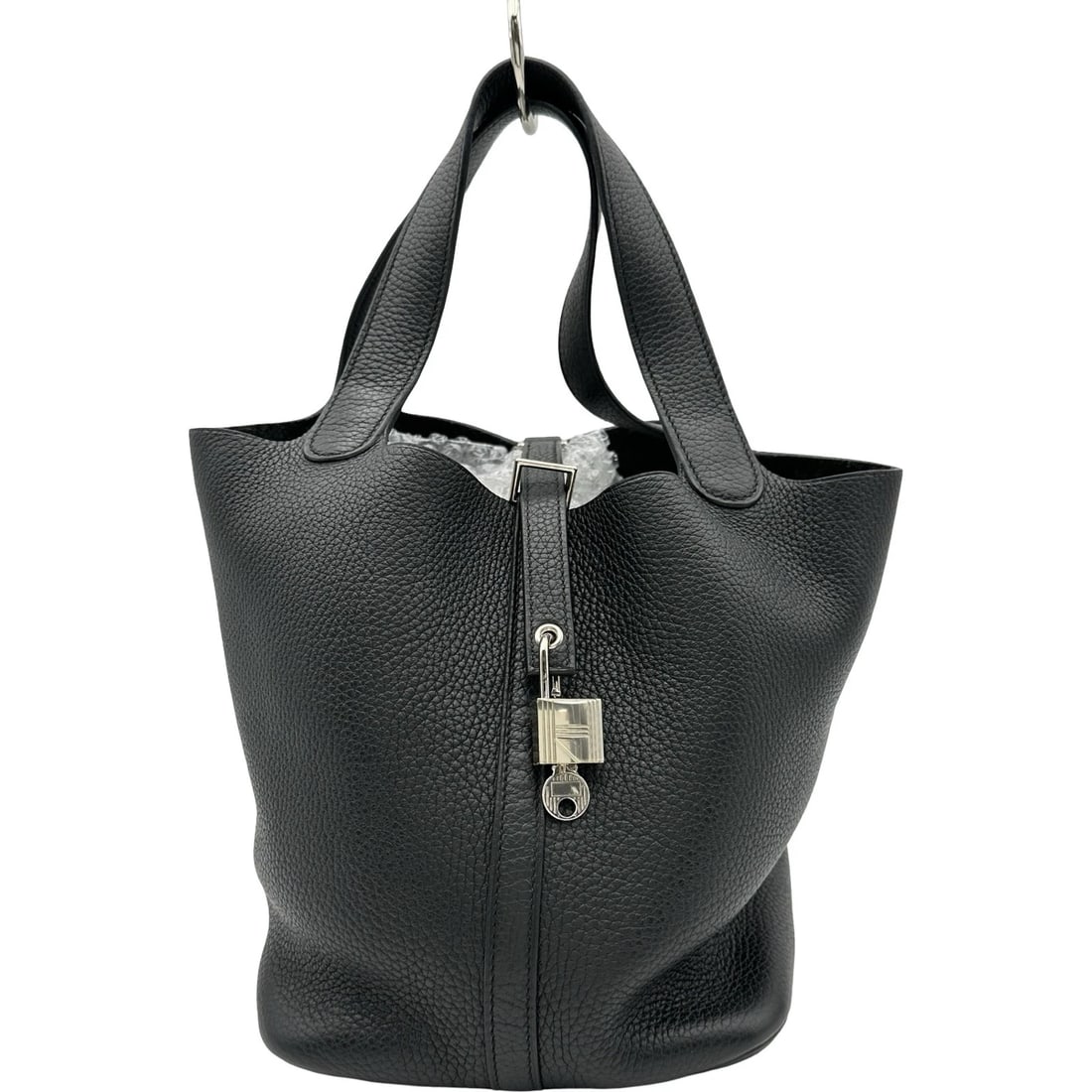 HERMES PICO TAN LOCK MM HANDBAG: HERMES Pico Tan Lock MM Handbag Brand: HERMES Type/Style: Handbag Material: Taurillon Clemence Color: Black SilverHardware Size: W8.7 x H8.7x D7.1inch Accessories: None Accessories Notice: When