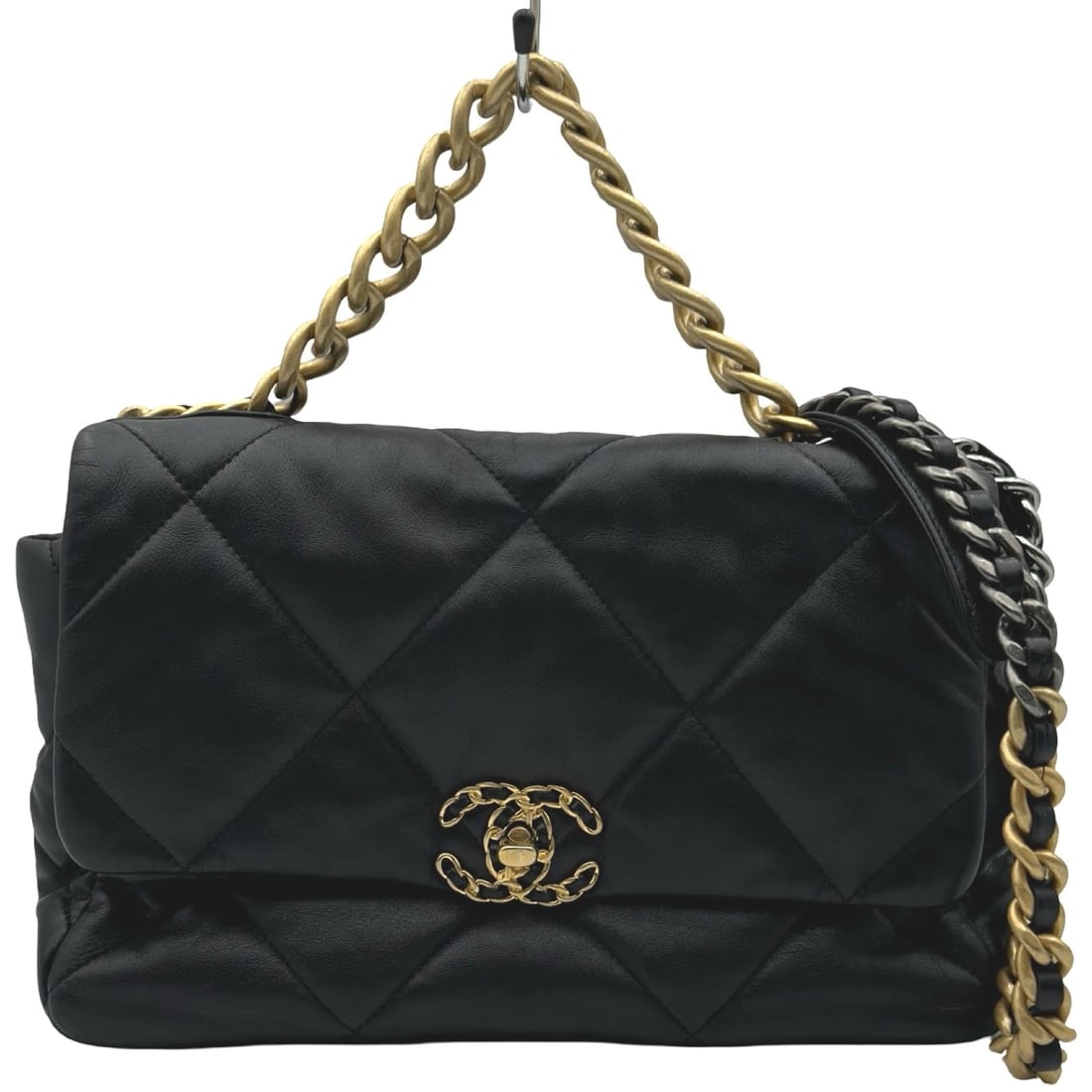CHANEL 19 LARGE BAG SHOULDER BAG: CHANEL 19 Large Bag Shoulder Bag Brand: CHANEL Type/Style: Shoulder Bag Material: shiny rum Color: Black Gold Hardware x Silver Hardware Size: W11.8 x H8.3x D3.1inch Accessories: None Accessories