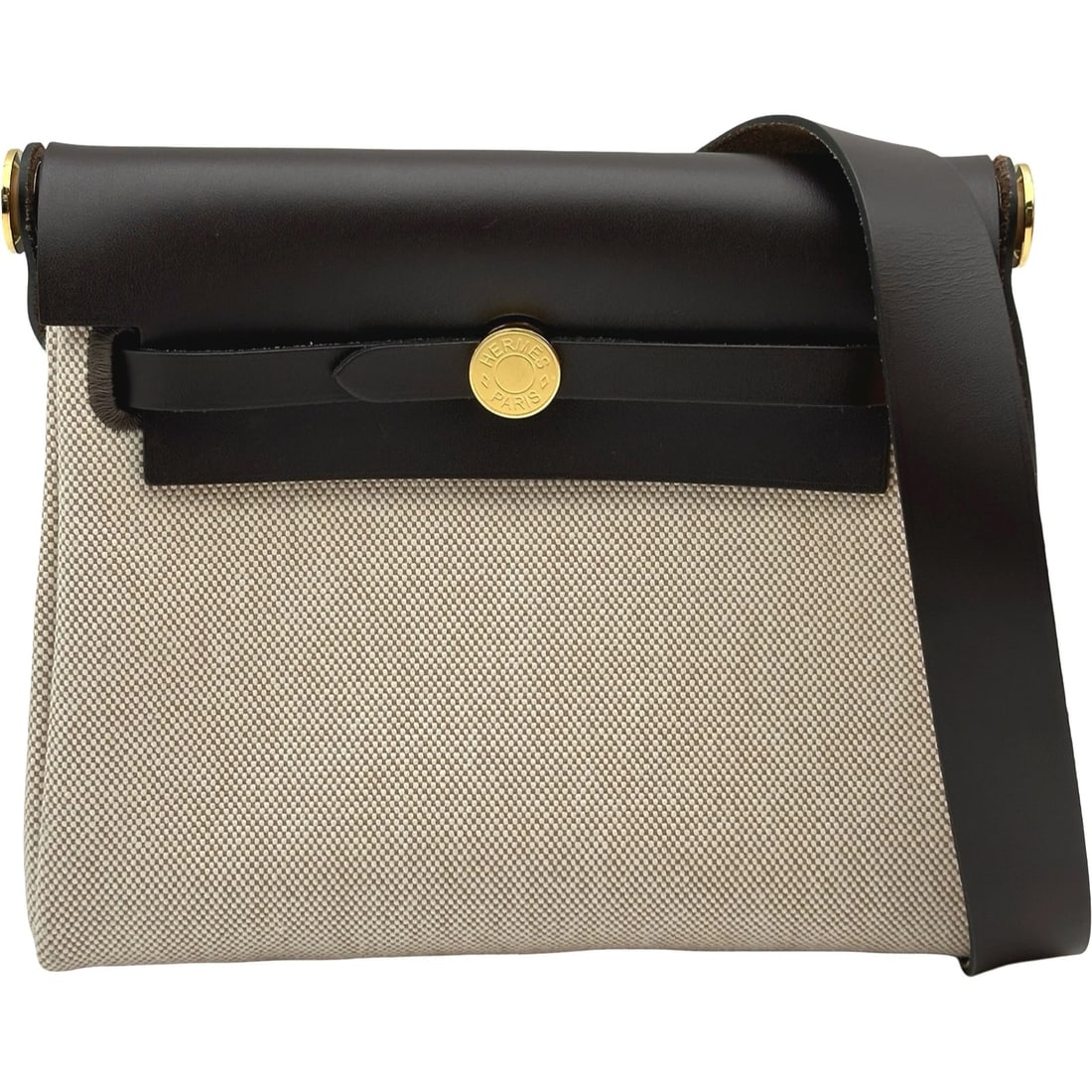 HERMES HERBAG ZIP MINI SHOULDER BAG: HERMES Herbag Zip Mini Shoulder Bag Brand: HERMES Type/Style: Shoulder Bag Material: Vash Hunter/Toile Color: Evenne Gold Hardware Size: W7.9 x H6.7x D2.8inch Accessories: None Accessories Notice: