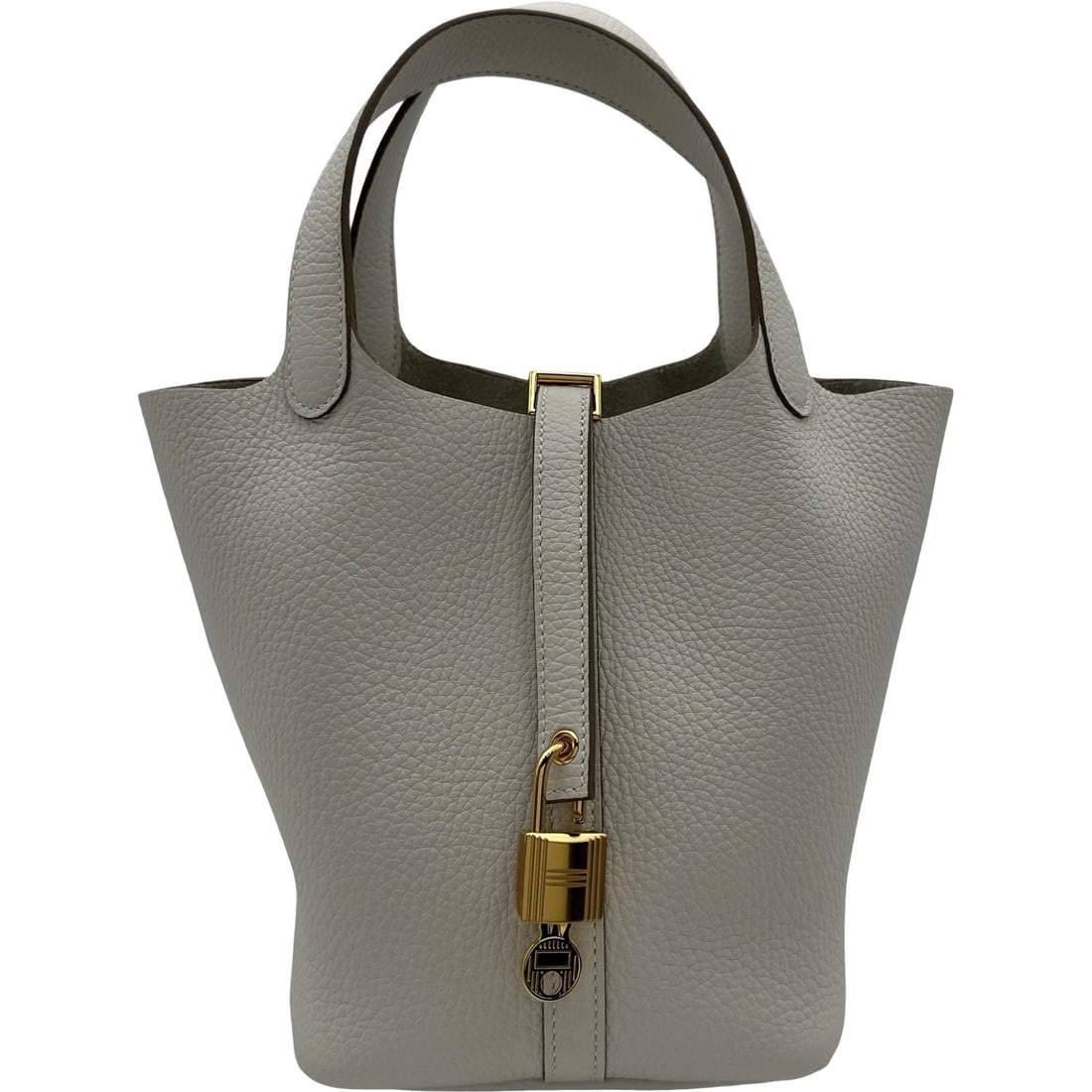 HERMES PICOTAN LOCK PM HANDBAG: HERMES Picotan Lock PM Handbag Brand: HERMES Type/Style: Handbag Material: Taurillon Clemence Color: Griper SilverHardware Size: W7.1 x H7.1x D5.1inch Accessories: None Accessories Notice: