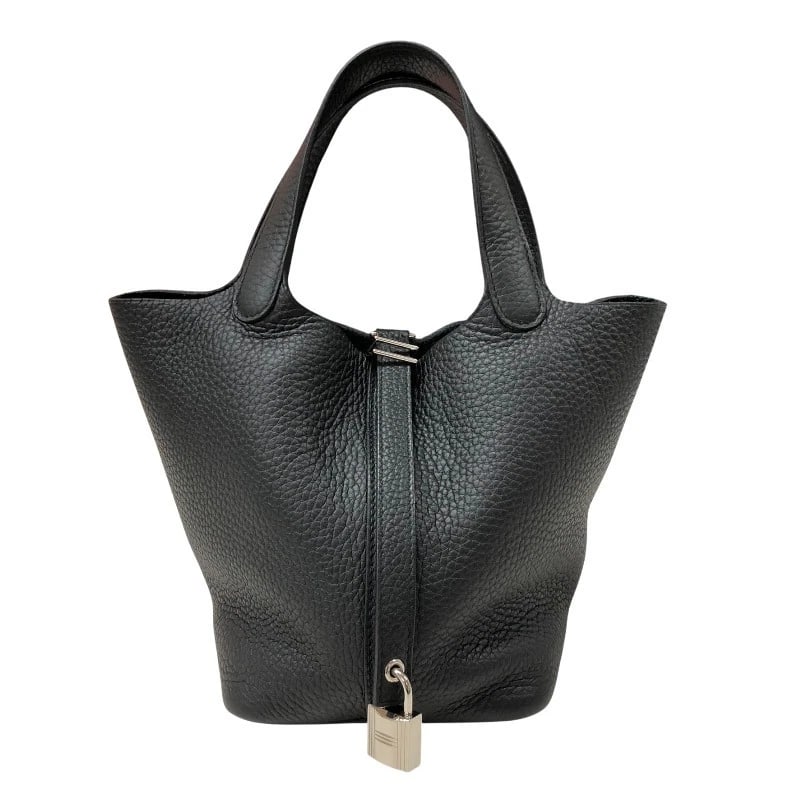 HERMES PICO TAN LOCK MM HANDBAG: HERMES Pico Tan Lock MM Handbag Brand: HERMES Type/Style: Handbag Material: Taurillon Clemence Color: Black SilverHardware Size: W7.1 x H8.3x D8.7inch Accessories: None Accessories Notice: