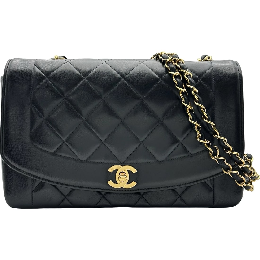 CHANEL DIANA 25 SHOULDER BAG: CHANEL Diana 25 Shoulder Bag Brand: CHANEL Type/Style: Shoulder Bag Material: lambskin Color: Black Gold Hardware Size: W9.8 x H6.3x D2.6inch Accessories: None Accessories Notice: When purchasing
