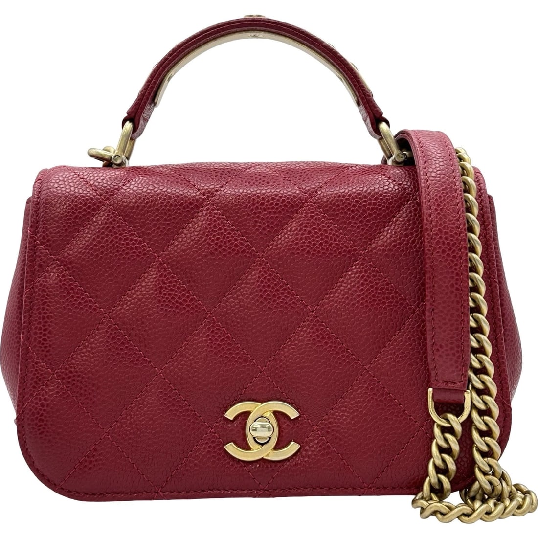 CHANEL MATELASSE TOP HANDLE CHAINSHOULDER SHOULDER BAG: CHANEL Matelasse Top Handle ChainShoulder Shoulder Bag Brand: CHANEL Type/Style: Shoulder Bag Material: Caviar skin Color: Red gold hardware Size: W7.5 x H5.1x D2.2inch Accessories: None Accessories