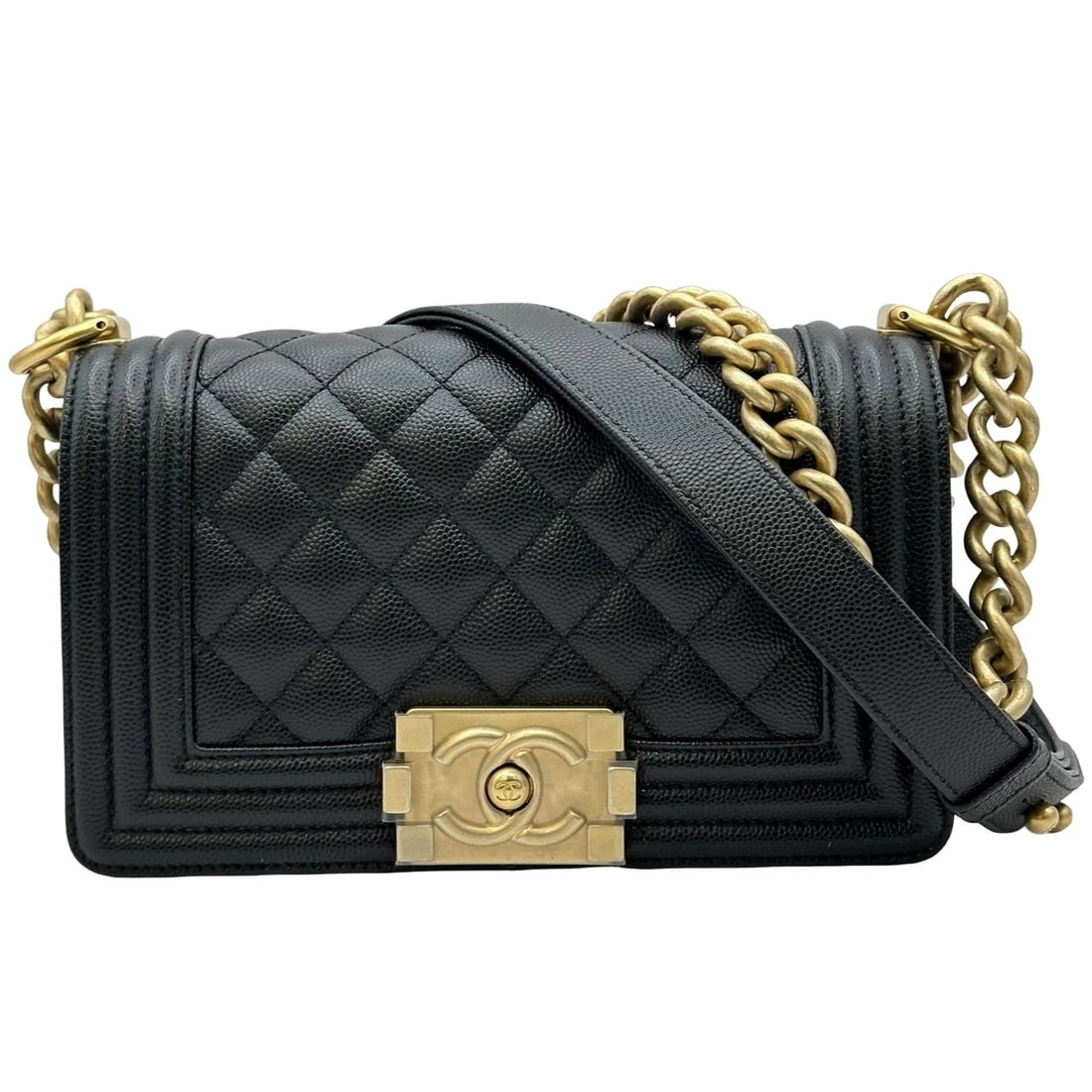 CHANEL BOY CHANEL 20 SHOULDER BAG: CHANEL boy chanel 20 Shoulder Bag Brand: CHANEL Type/Style: Shoulder Bag Material: caviar Color: Black Gold Hardware Size: W7.9 x H4.9x D2.2inch Accessories: None Accessories Notice: When purchasing