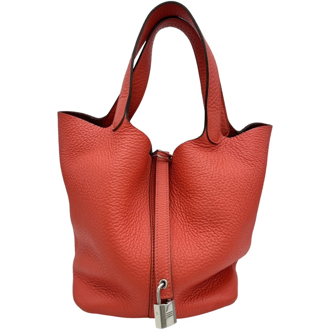HERMES PICO TAN LOCK MM HANDBAG: HERMES Pico Tan Lock MM Handbag Brand: HERMES Type/Style: Handbag Material: Taurillon Clemence Color: SilverHardware Size: W8.7 x H8.3x D7.1inch Accessories: None Accessories Notice: When purchasing