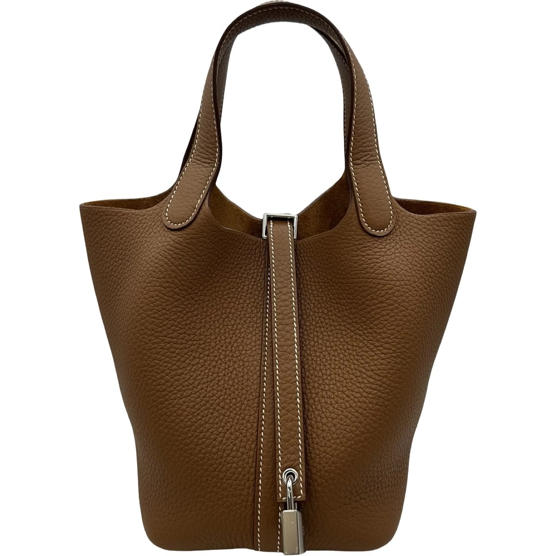 HERMES PICOTAN LOCK PM HANDBAG: HERMES Picotan Lock PM Handbag Brand: HERMES Type/Style: Handbag Material: Taurillon Clemence Color: Gold SilverHardware Size: W7.9 x H7.3x D4.9inch Accessories: None Accessories Notice: When