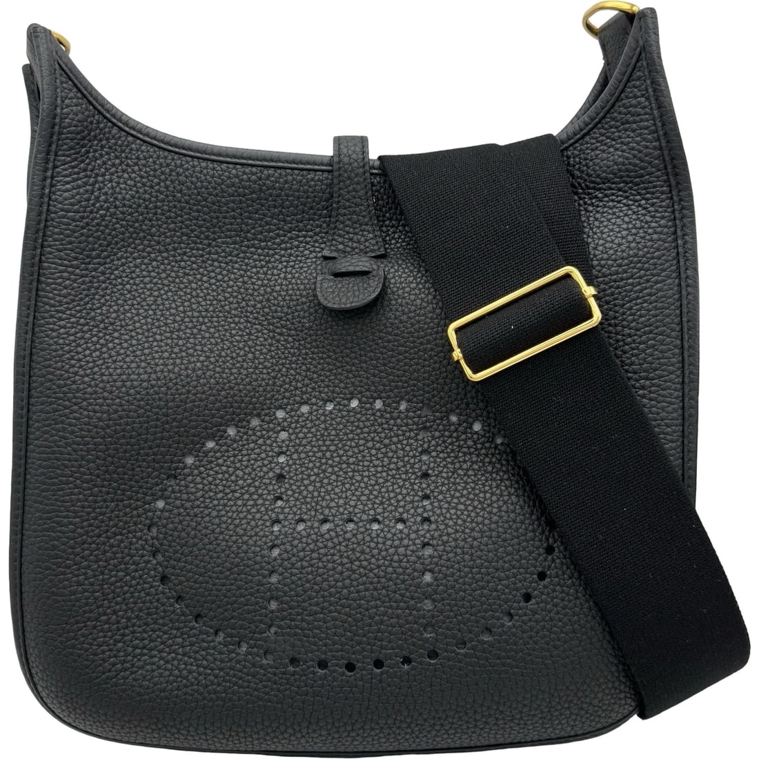 HERMES EVELYN 3 PM SHOULDER BAG: HERMES Evelyn 3 PM Shoulder Bag Brand: HERMES Type/Style: Shoulder Bag Material: Taurillon Clemence Color: Black Gold Hardware Size: W11.4 x H12.2x D3.0inch Accessories: None Accessories N