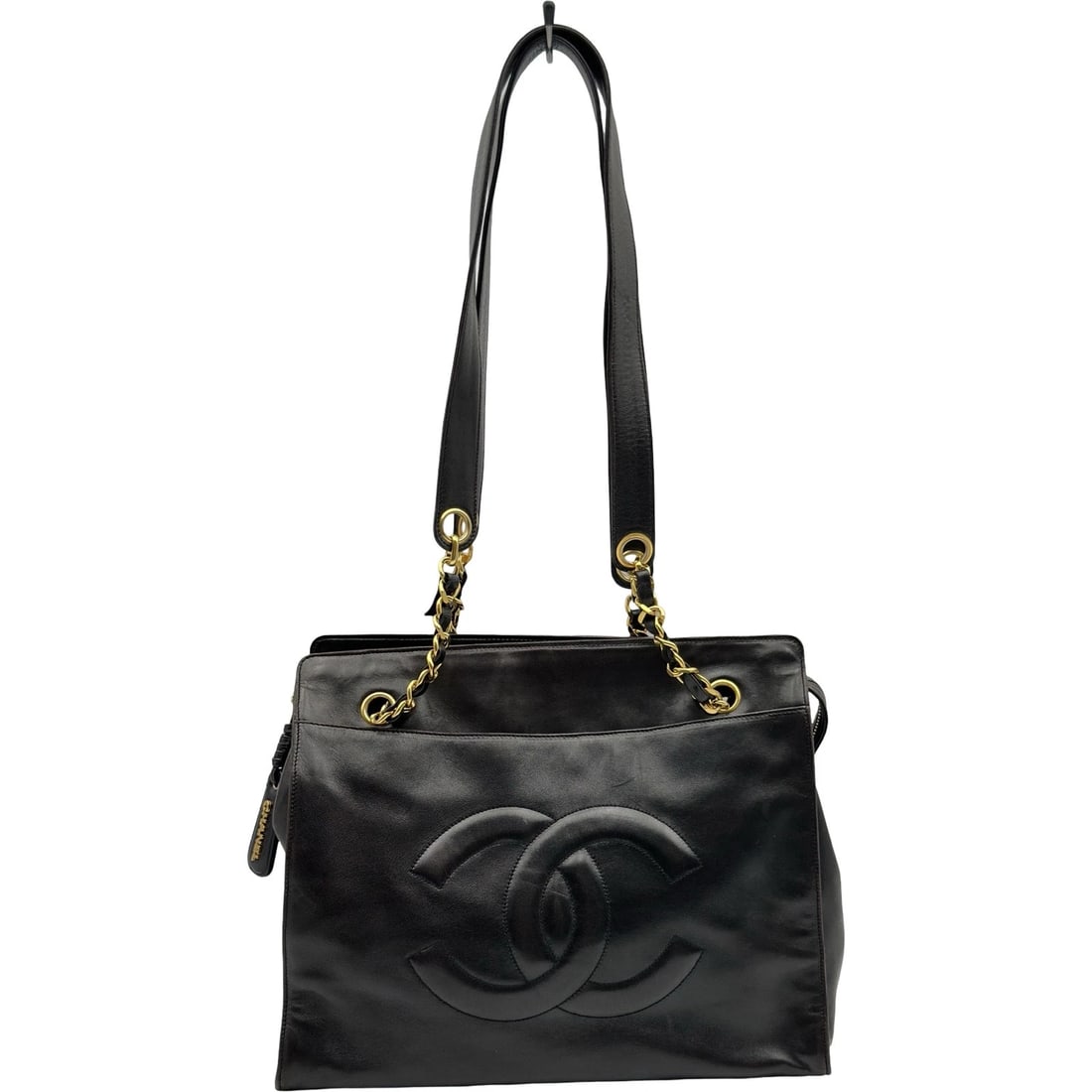 CHANEL COCO MARK CHAINTOTE BAG TOTE BAG: CHANEL COCO Mark ChainTote Bag Tote Bag Brand: CHANEL Type/Style: Tote Bag Material: lambskin Color: Black Gold Hardware Size: W12.2 x H9.4x D3.9inch Accessories: None Accessories Notice: When