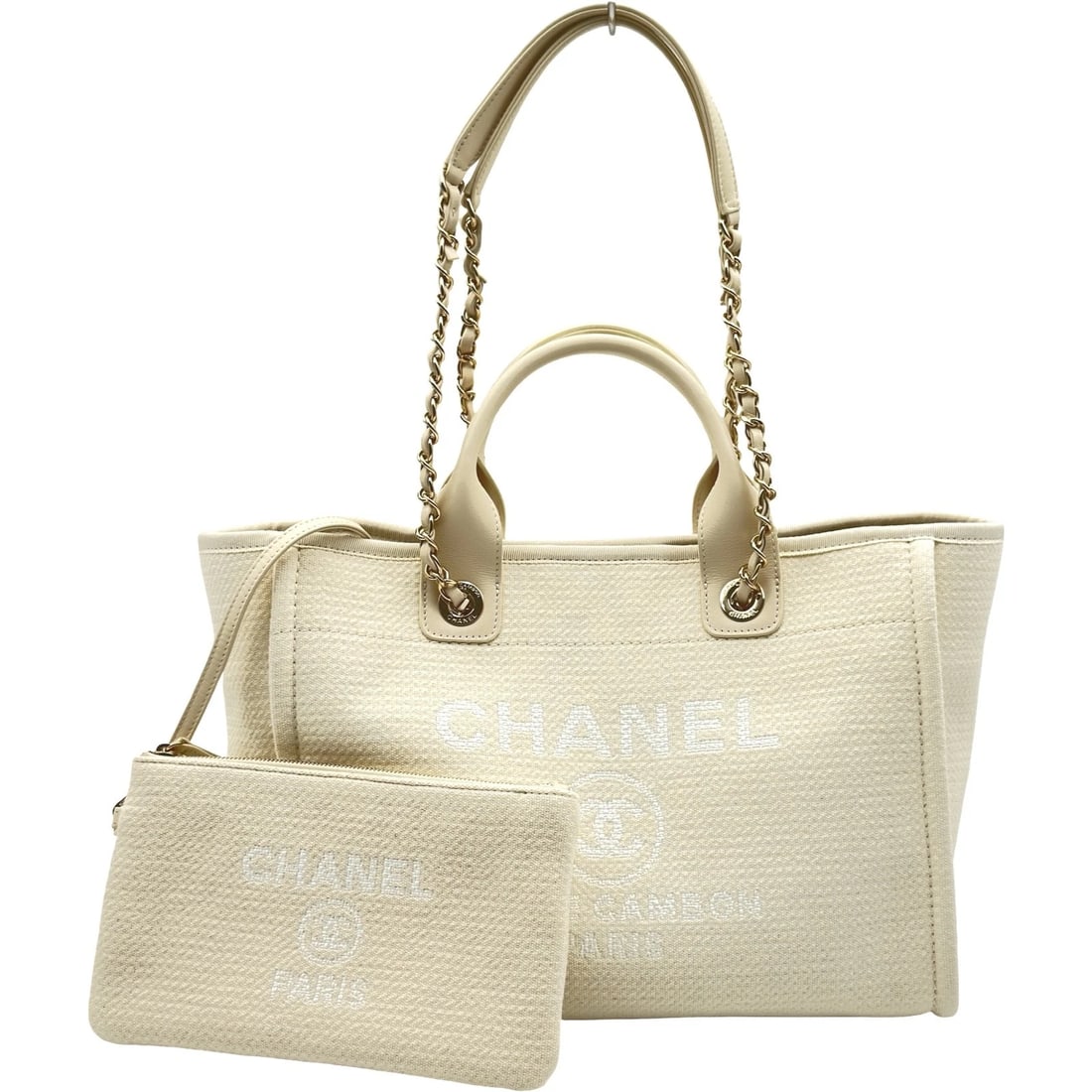 CHANEL DEAUVILLE SMALL SHOPPING BAG TOTE BAG: CHANEL Deauville small shopping bag Tote Bag Brand: CHANEL Type/Style: Tote Bag Material: cotton fiber Color: White Gold Hardware Size: W12.6 x H9.1x D5.9inch Accessories: None Accessories
