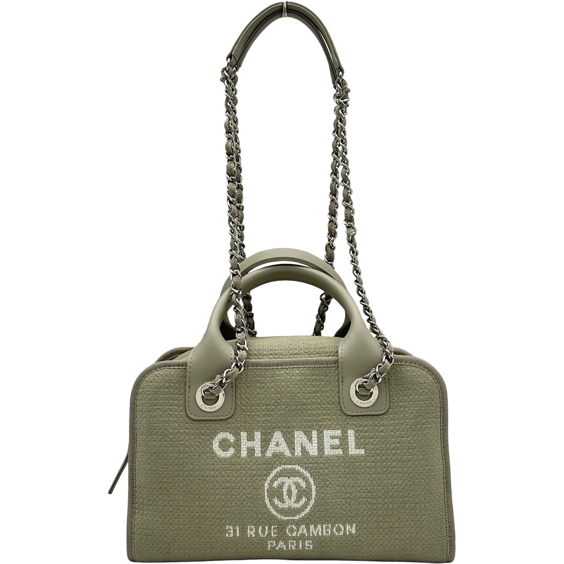 CHANEL DEAUVILLE BOWLING BAG SHOULDER BAG: CHANEL Deauville bowling bag Shoulder Bag Brand: CHANEL Type/Style: Shoulder Bag Material: canvas Color: Greige SilverHardware Size: W10.6 x H6.9x D3.9inch Accessories: None Accessories No