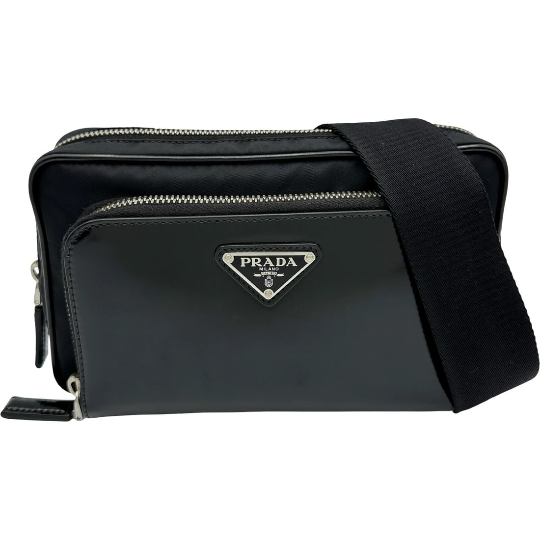 PRADA TRIANGLE LOGO BODY BAG BODY BAG: PRADA Triangle Logo Body Bag body bag Brand: PRADA Type/Style: body bag Material: Nylon / leather Color: black Size: W8.3 x H4.9x D1.8inch Accessories: None Accessories Notice: When purcha