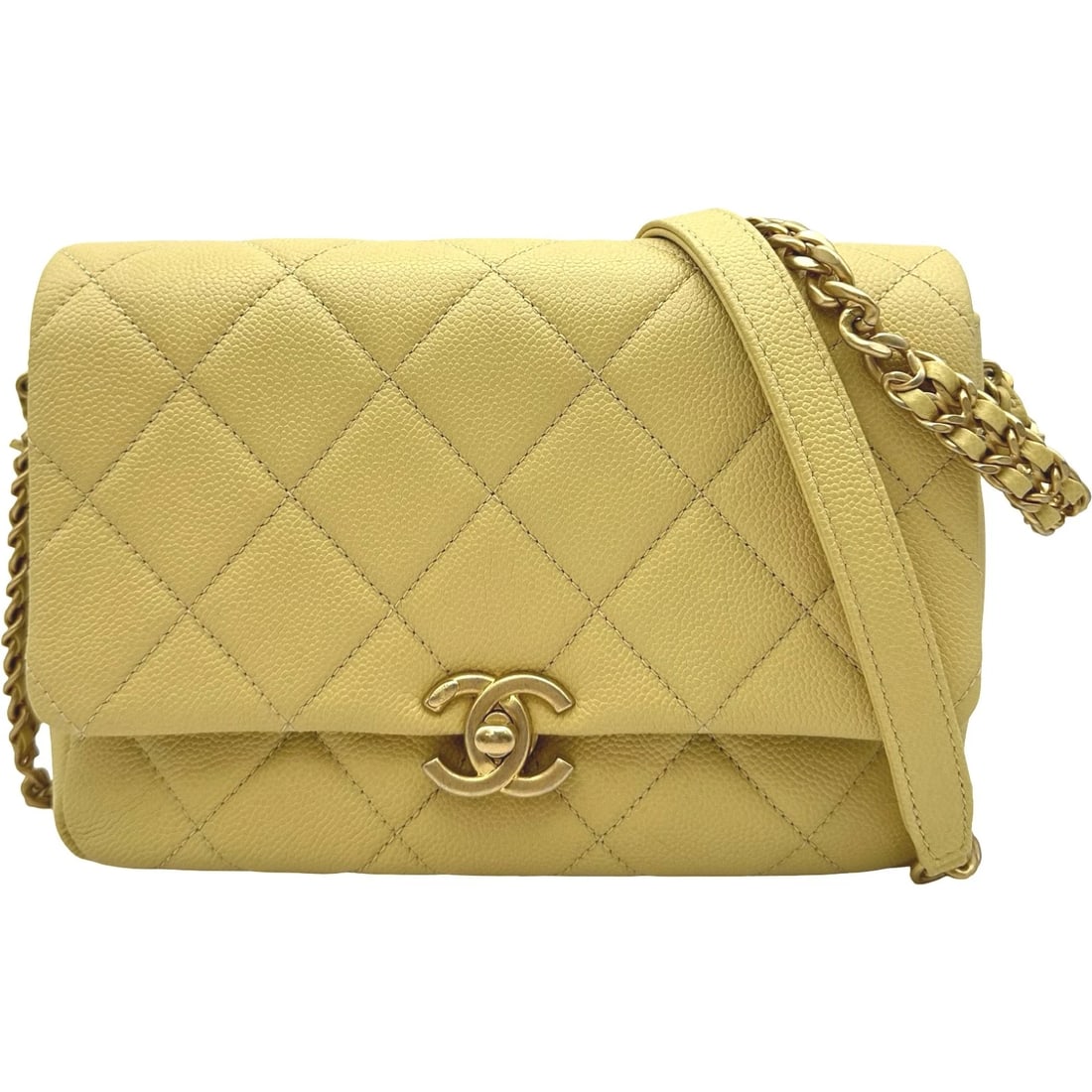 CHANEL MATELASSE SMALL FLAP BAG: CHANEL Matelasse Small Flap Bag Brand: CHANEL Type/Style: Shoulder Bag Material: Caviar skin Color: Light Yellow Gold Hardware Size: W8.1 x H5.9x D2.4inch Accessories: None Accessories Not