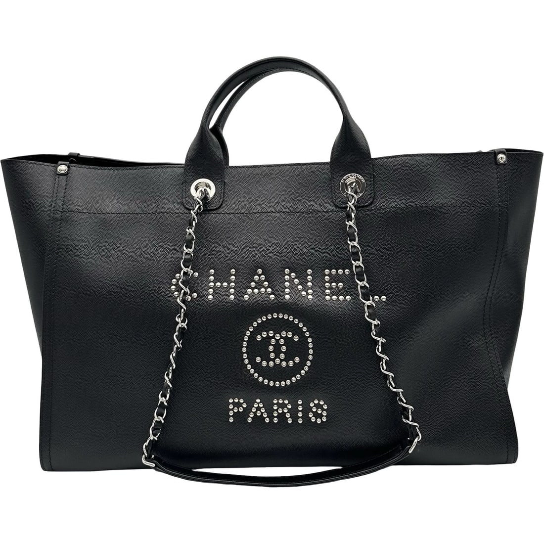 CHANEL DEAUVILLE SHOPPING BAG 2TOTE BAG: CHANEL Deauville shopping bag 2Tote Bag Brand: CHANEL Type/Style: Tote Bag Material: Caviar skin Color: Black SilverHardware Size: W22.0 x H11.8x D7.1inch Accessories: None Accessories Not