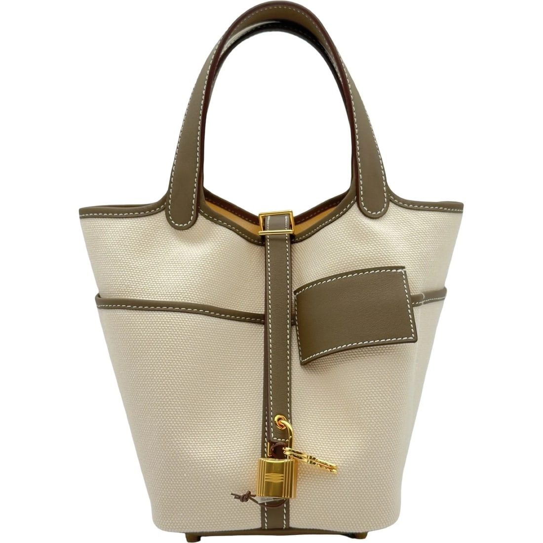 HERMES PICOTAN LOCK PM CARGO HANDBAG: HERMES Picotan Lock PM Cargo Handbag Brand: HERMES Type/Style: Handbag Material: Toile/Swift Color: Etup Gold Hardware Size: W5.1 x H7.1x D7.1inch Accessories: None Accessories Notice: Whe