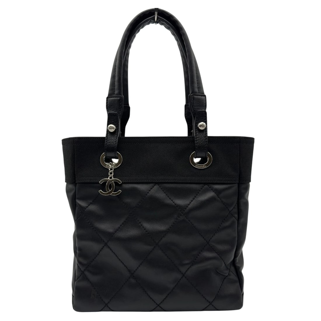 CHANEL PARIS BIARRITZ TOTE PM TOTE BAG: CHANEL Paris Biarritz Tote PM Tote Bag Brand: CHANEL Type/Style: Tote Bag Material: Coated canvas Color: black Size: W9.8 x H10.2x D4.3inch Accessories: None Accessories Notice: When purch