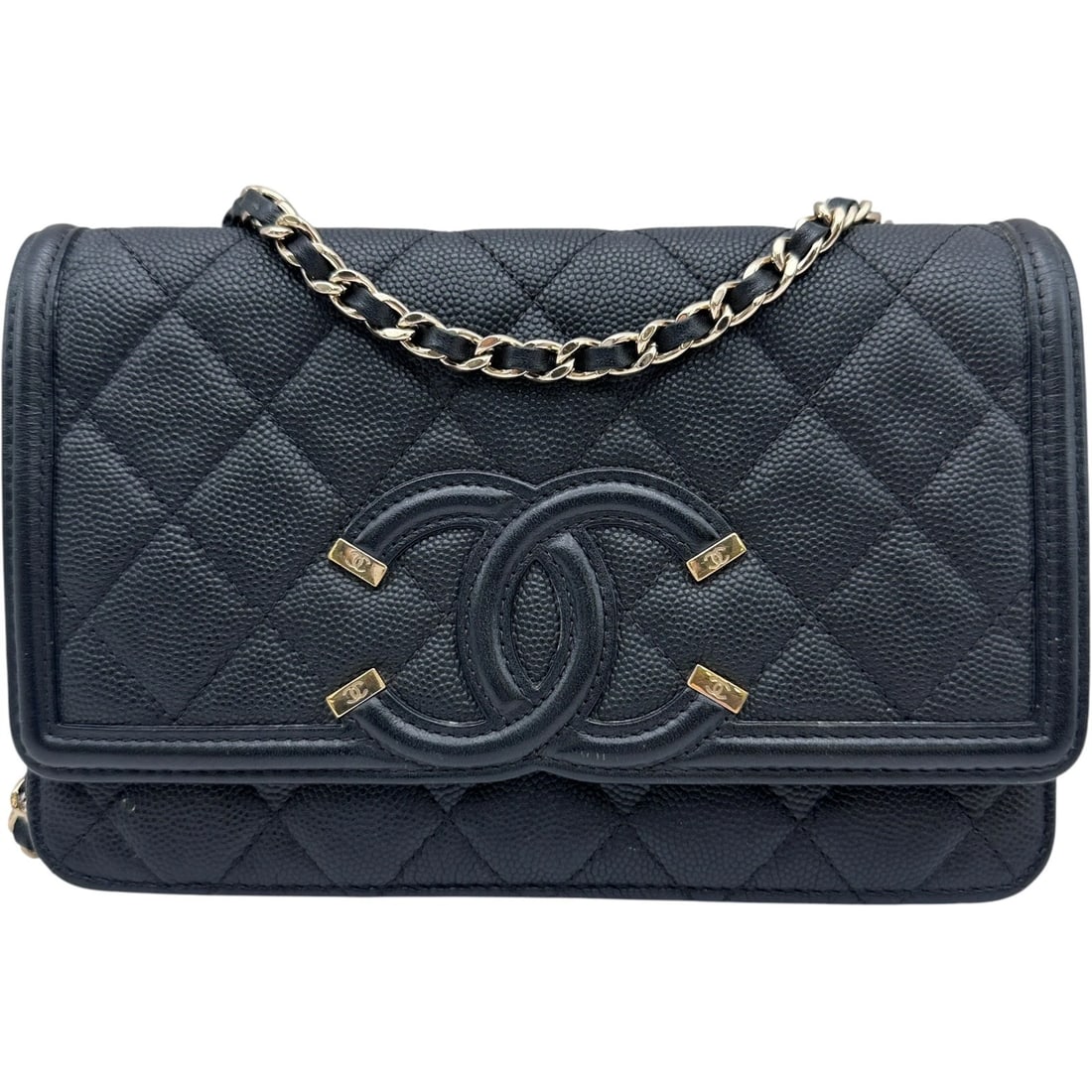 CHANEL CC FILIGREE CHAIN WALLET SHOULDER BAG: CHANEL CC Filigree Chain Wallet Shoulder Bag Brand: CHANEL Type/Style: Shoulder Bag Material: Caviar skin Color: Black x Gold Hardware Size: W7.5 x H4.7x D0.8inch Accessories: None Accesso