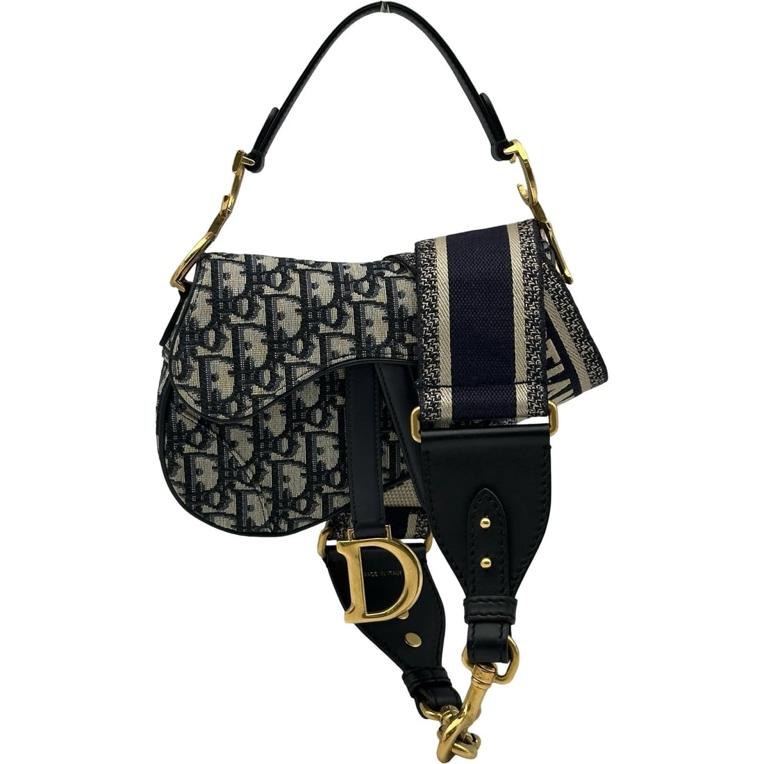 CHRISTIAN DIOR MINI SADDLE BAG SHOULDER BAG: Christian Dior Mini saddle bag Shoulder Bag Brand: Christian Dior Type/Style: Shoulder Bag Material: campus Color: Navy Gold Hardware Size: W7.5 x H5.7x D1.6inch Accessories: None Accessories Notice: