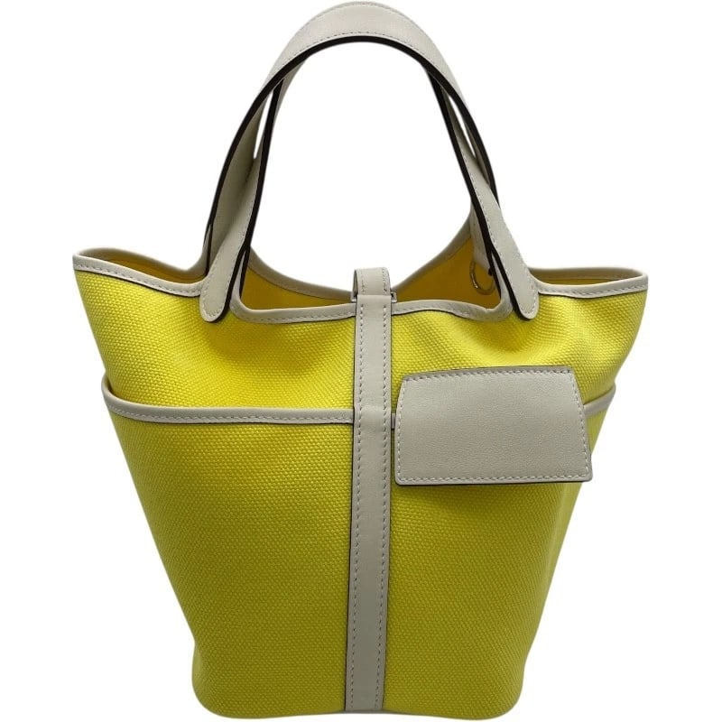 HERMES PICOTAN LOCK PM CARGO HANDBAG: HERMES Picotan Lock PM Cargo Handbag Brand: HERMES Type/Style: Handbag Material: Towar Color: Yellow SVHardware Size: W7.1 x H7.1x D5.1inch Accessories: None Accessories Notice: When purchasing