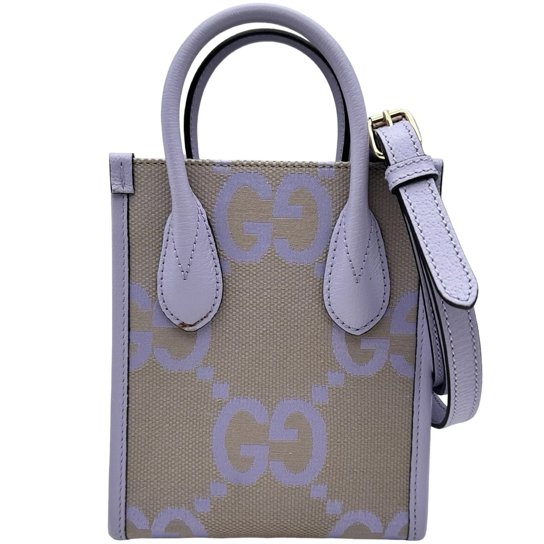 GUCCI JUMBO GG MINI TOTE HANDBAG: GUCCI Jumbo GG Mini Tote Handbag Brand: GUCCI Type/Style: Handbag Material: Jumbo GG canvas Color: purple Size: W6.3 x H7.3x D2.8inch Accessories: None Accessories Notice: When purchasing pre-owned