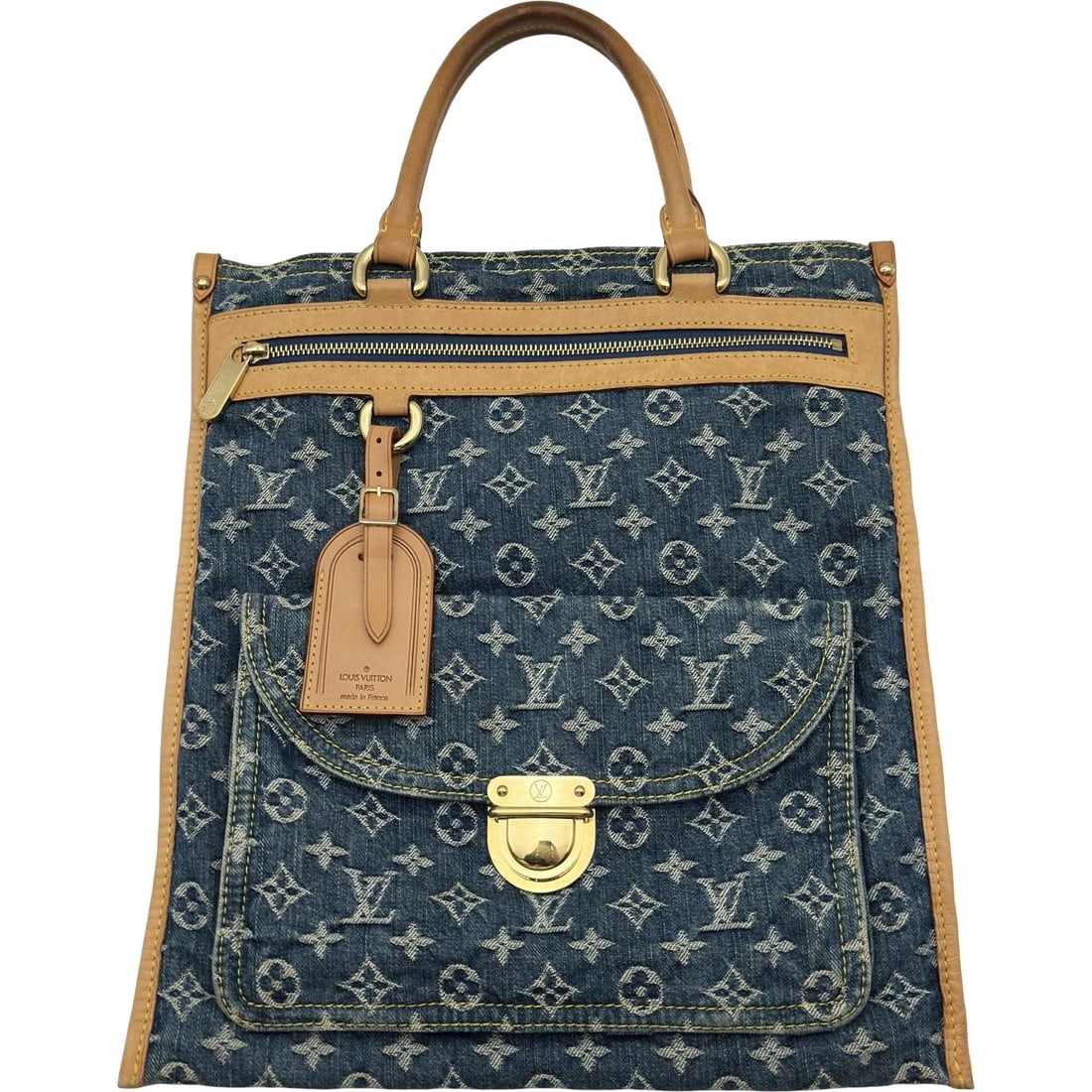 LOUIS VUITTON FLAT SHOPPER TOTE BAG: LOUIS VUITTON Flat Shopper Tote Bag Brand: LOUIS VUITTON Type/Style: Tote Bag Material: Monogram denim Color: blue Size: W13.2 x H14.6inch Accessories: None Accessories Notice: When purcha