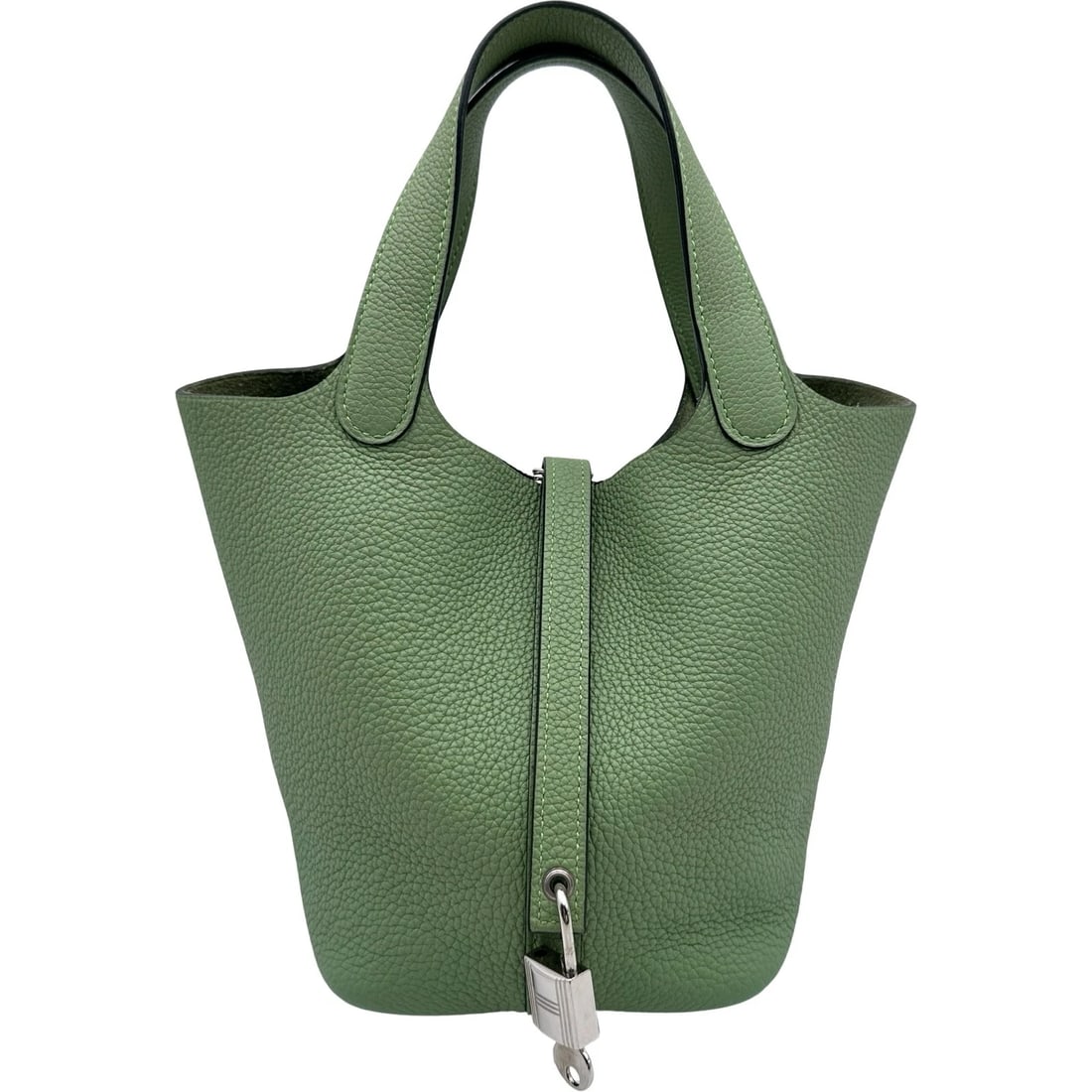 HERMES PICOTAN LOCK PM HANDBAG: HERMES Picotan Lock PM Handbag Brand: HERMES Type/Style: Handbag Material: Taurillon Clemence Color: Veil Cricket SilverHardware Size: W7.1 x H7.1x D5.3inch Accessories: None Accessories Notice: When