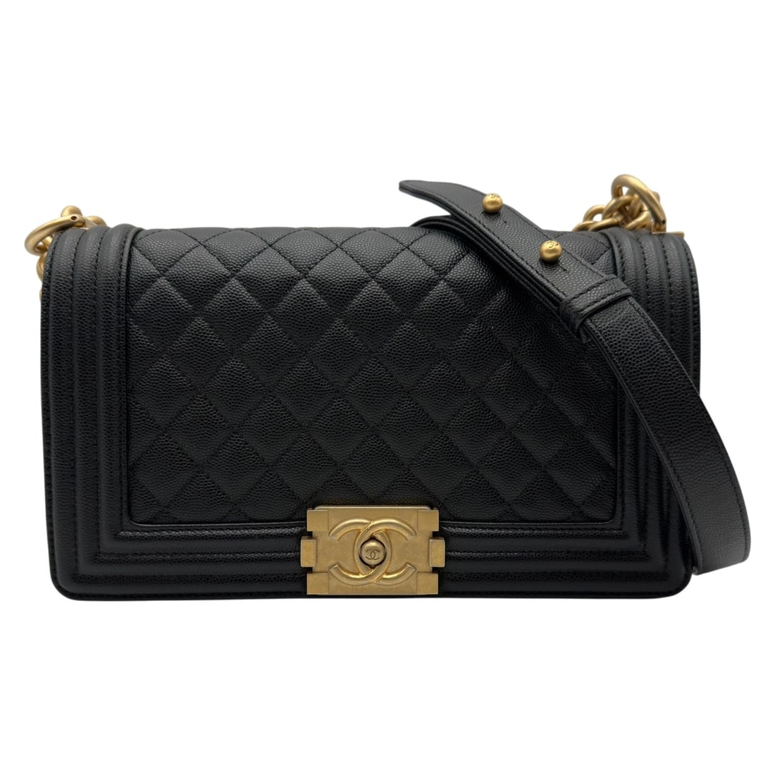CHANEL BOY SHOULDER BAG: CHANEL Boy Shoulder Bag Brand: CHANEL Type/Style: Shoulder Bag Material: Caviar skin Color: Black Gold Hardware Size: W9.8 x H5.5x D2.8inch Accessories: None Accessories Notice: When purchasing