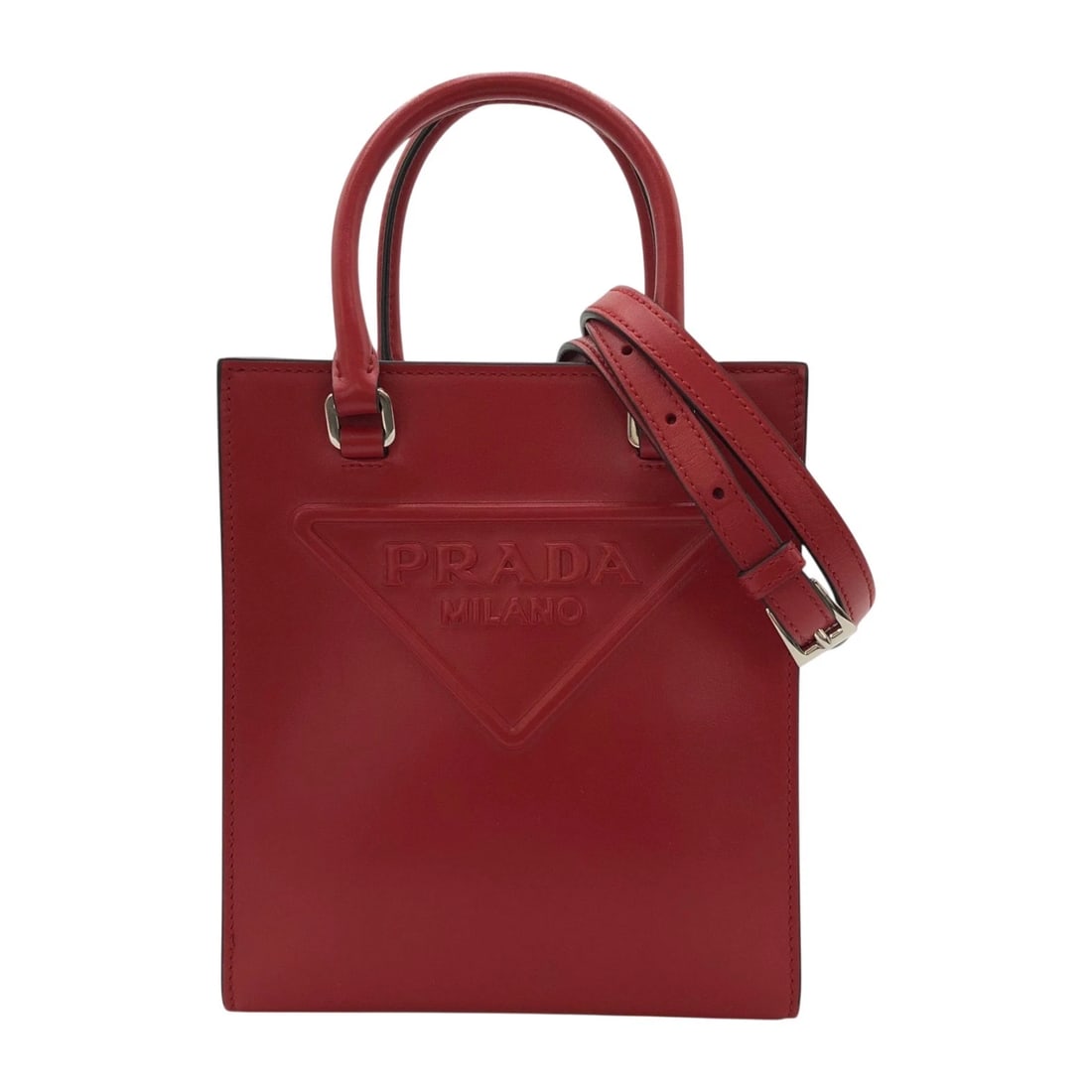 PRADA TRIANGLE MINI TOTE BAG SHOULDER BAG: PRADA Triangle Mini Tote Bag Shoulder Bag Brand: PRADA Type/Style: Shoulder Bag Material: Soft Calfskin Color: Red SilverHardware Size: W6.5 x H7.5x D2.4inch Accessories: None Accessories Notice: