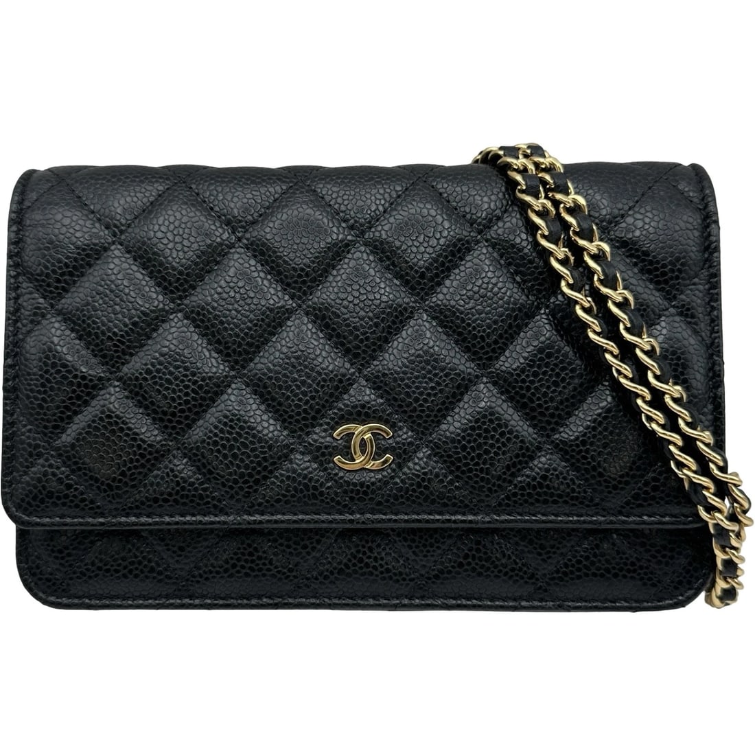 CHANEL MATRASSE CHAIN WALLET SHOULDER BAG: CHANEL Matrasse Chain Wallet Shoulder Bag Brand: CHANEL Type/Style: Shoulder Bag Material: Caviar skin Color: Black Gold Hardware Size: W7.5 x H4.9x D1.6inch Accessories: None Accessories