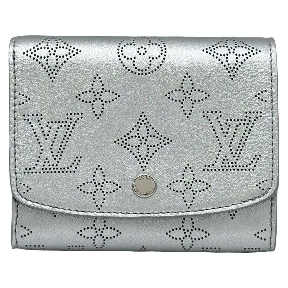 LOUIS VUITTON PORTEFEIULLE IRIS COMPACT WALLET: LOUIS VUITTON Portefeiulle Iris Compact wallet Brand: LOUIS VUITTON Type/Style: wallet Material: Mahina Color: Silver Size: W4.7 x H3.9x D1.2inch Accessories: None Accessories Notice: When purchasing