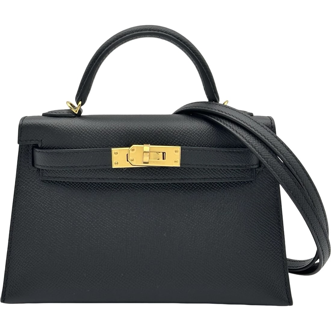 HERMES MINI KELLY 2 SHOULDER BAG: HERMES Mini Kelly 2 Shoulder Bag Brand: HERMES Type/Style: Shoulder Bag Material: Epsom Color: Black Gold Hardware Size: W7.3 x H4.7x D2.2inch Accessories: None Accessories Notice: When purchasing
