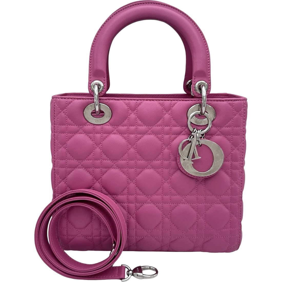 CHRISTIAN DIOR LADY DIOR HANDBAG: Christian Dior Lady Dior Handbag Brand: Christian Dior Type/Style: Handbag Material: lambskin Color: pink Size: W9.3 x H7.9x D4.3inch Accessories: None Accessories Notice: When purchasing