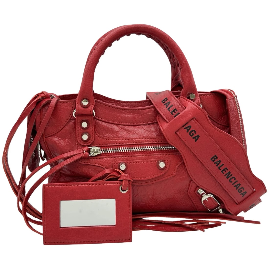 BALENCIAGA CLASSIC MINI CITY HANDBAG: BALENCIAGA Classic Mini City Handbag Brand: BALENCIAGA Type/Style: Handbag Material: leather Color: Red SilverHardware Size: W9.4 x H5.9x D2.4inch Accessories: None Accessories Notice: When