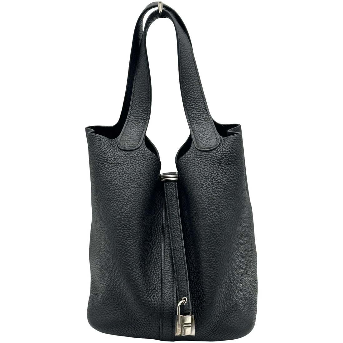 HERMES PICO TAN LOCK MM HANDBAG: HERMES Pico Tan Lock MM Handbag Brand: HERMES Type/Style: Handbag Material: Taurillon Clemence Color: Black SilverHardware Size: W6.3 x H8.3x D6.7inch Accessories: None Accessories Notice: When