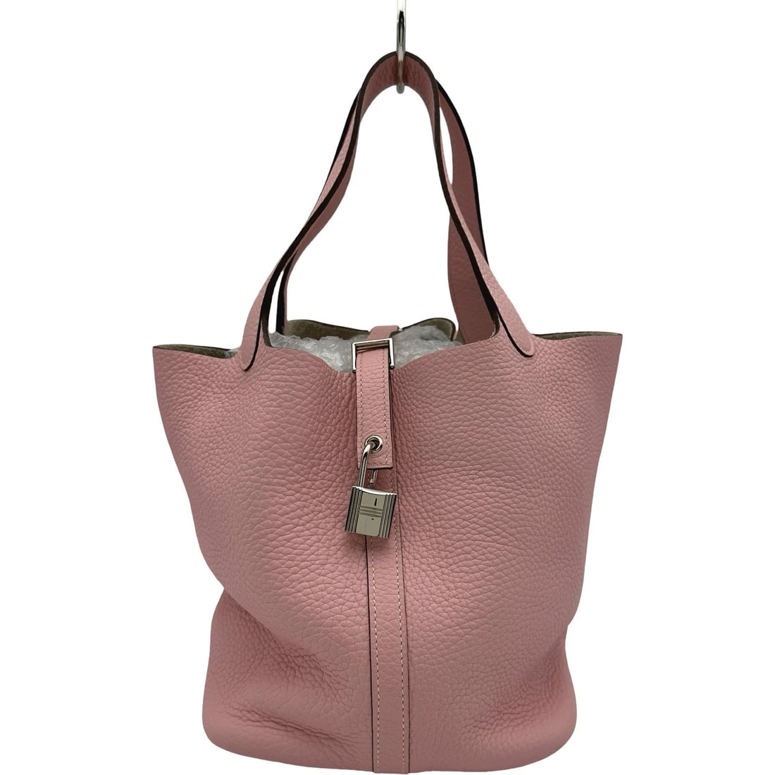 HERMES PICO TAN LOCK MM HANDBAG: HERMES Pico Tan Lock MM Handbag Brand: HERMES Type/Style: Handbag Material: Taurillon Clemence Color: Rose Sakura SilverHardware Size: W8.7 x H8.7x D7.1inch Accessories: None Accessories N