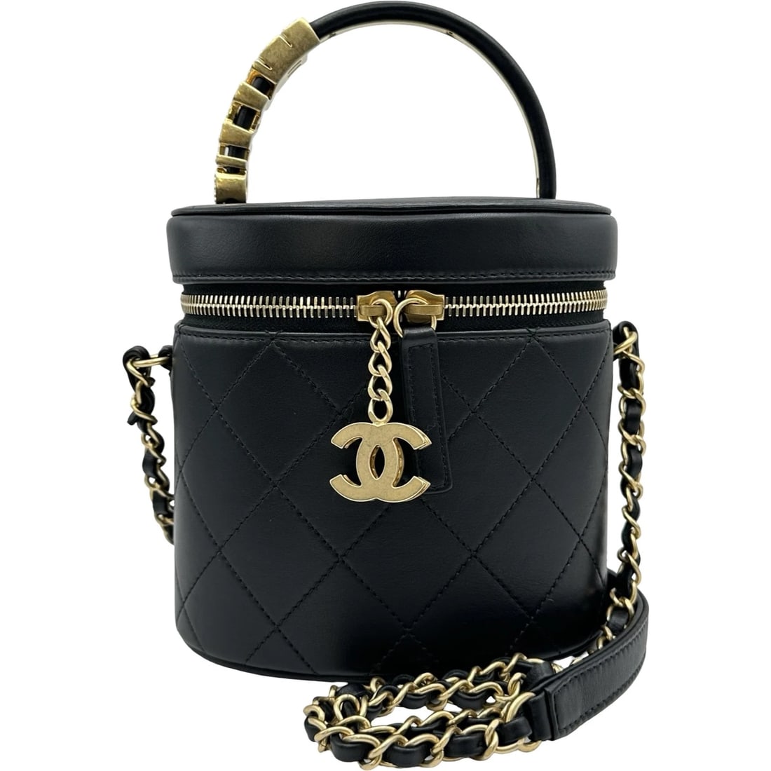 CHANEL VANITY CHAIN SHOULDER BAG: CHANEL Vanity Chain Shoulder Bag Brand: CHANEL Type/Style: Shoulder Bag Material: lambskin Color: Black Gold Hardware Size: W5.9 x H5.7x D3.9inch Accessories: None Accessories Notice: When purchasing