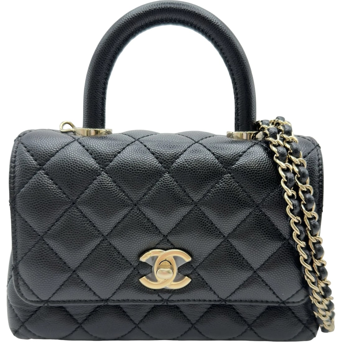 CHANEL COCO HANDLE SHOULDER BAG: CHANEL Coco handle Shoulder Bag Brand: CHANEL Type/Style: Shoulder Bag Material: Caviar skin Color: Black Gold Hardware Size: W7.1 x H4.7x D3.1inch Accessories: None Accessories Notice: When