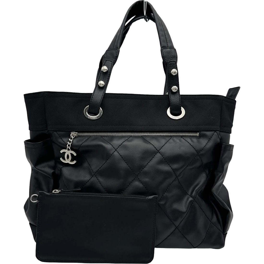 CHANEL PARIS VIA RITZ TOTE GM TOTE BAG: CHANEL Paris Via Ritz Tote GM Tote Bag Brand: CHANEL Type/Style: Tote Bag Material: Coated canvas Color: Black SilverHardware Size: W13.6 x H11.8x D5.7inch Accessories: None Accessories Notice: When