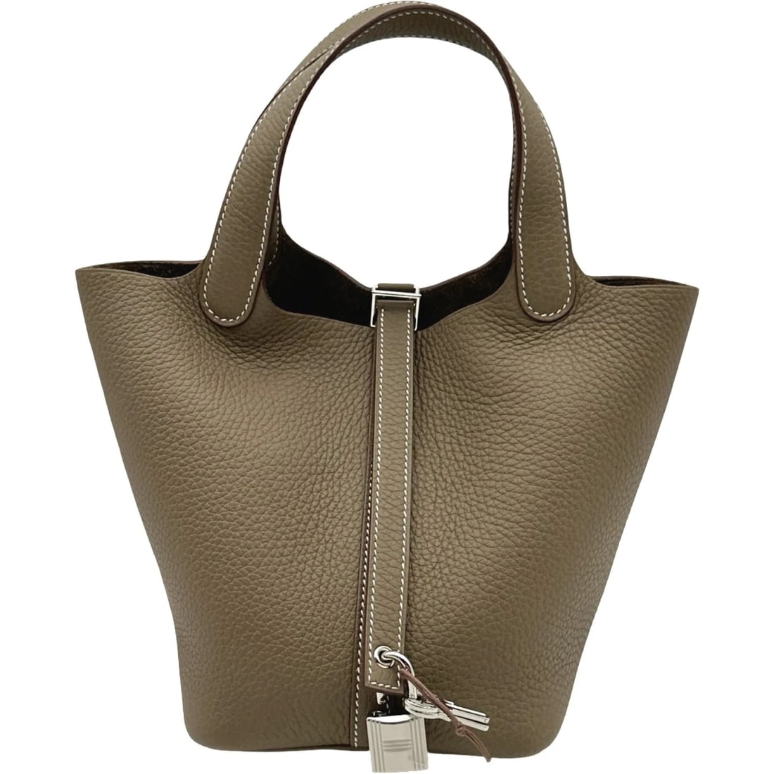 HERMES PICOTAN LOCK PM HANDBAG: HERMES Picotan Lock PM Handbag Brand: HERMES Type/Style: Handbag Material: Taurillon Clemence Color: Etop SilverHardware Size: W5.1 x H7.1x D7.1inch Accessories: None Accessories Notice: When